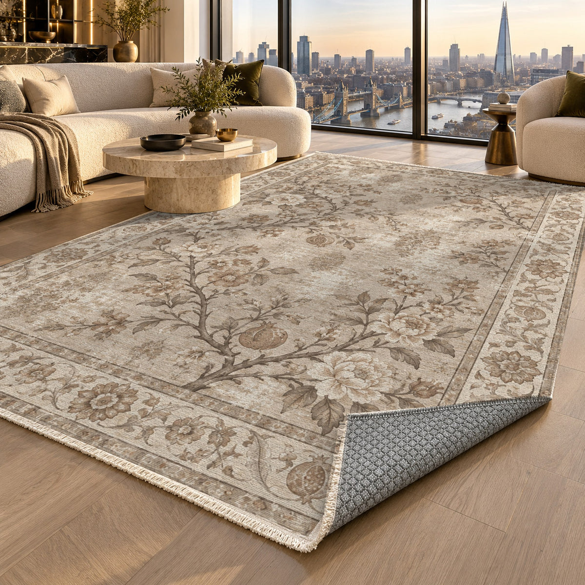 Patina Garden Ivory Taupe Vintage Washable Rug — london luxury living