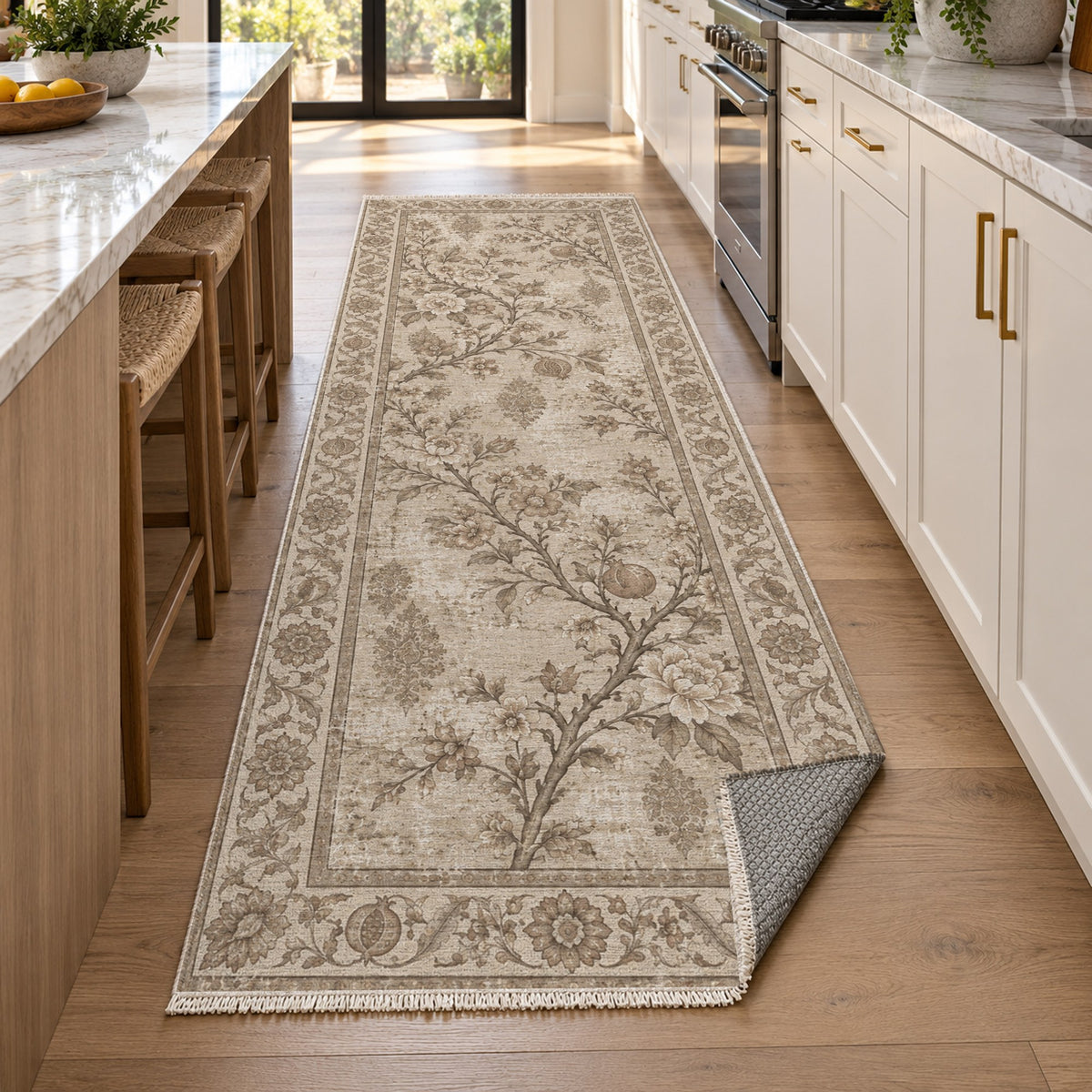 Patina Garden Ivory Taupe Vintage Washable Rug — new york kitchen runner