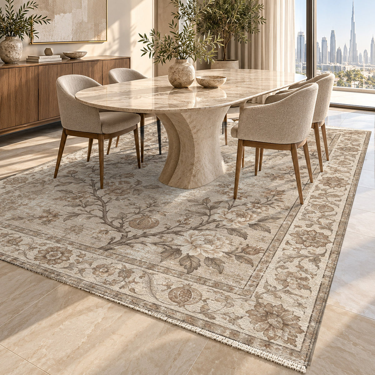 Patina Garden Ivory Taupe Vintage Washable Rug — dubai dining