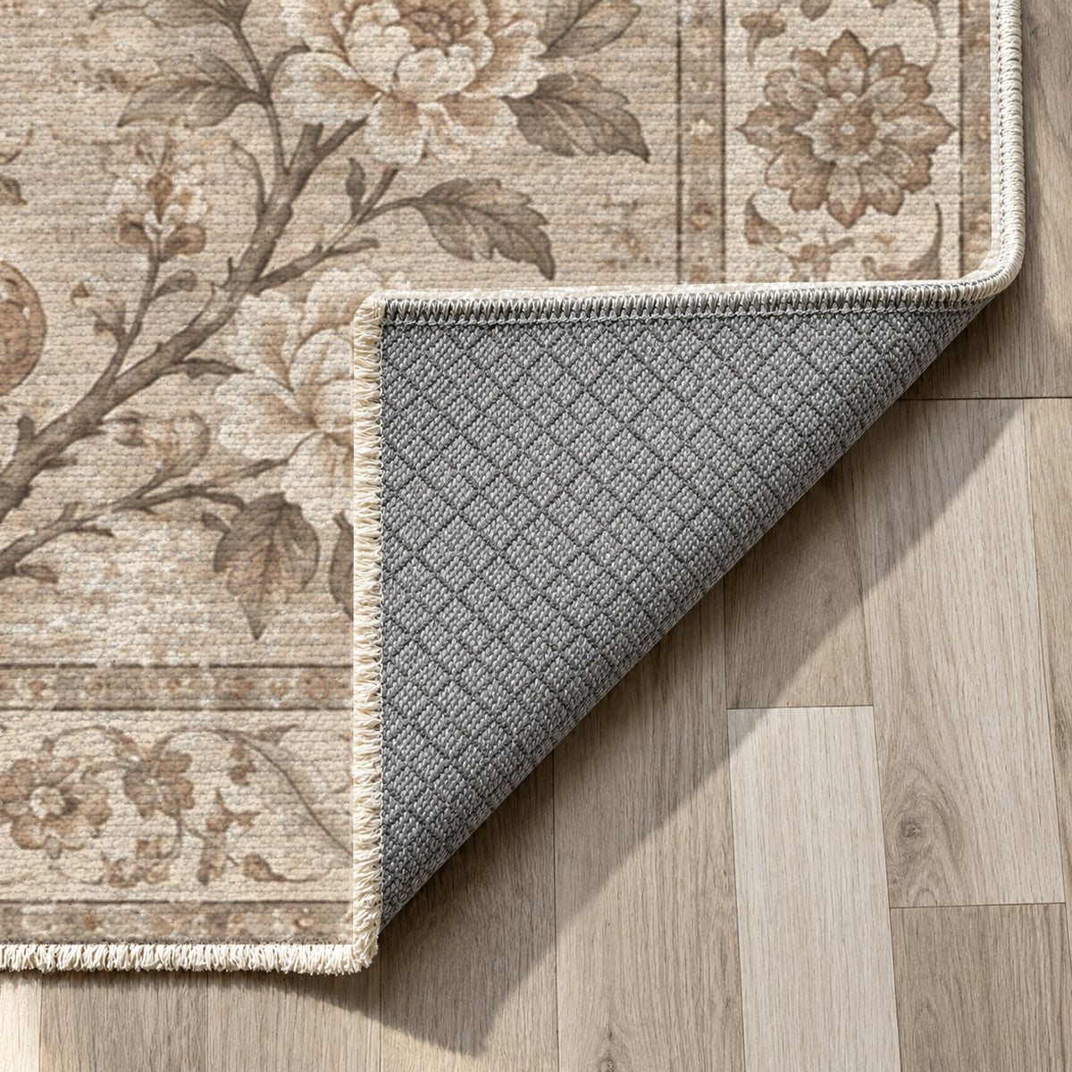 Patina Garden Ivory Taupe Vintage Washable Rug — backing close up