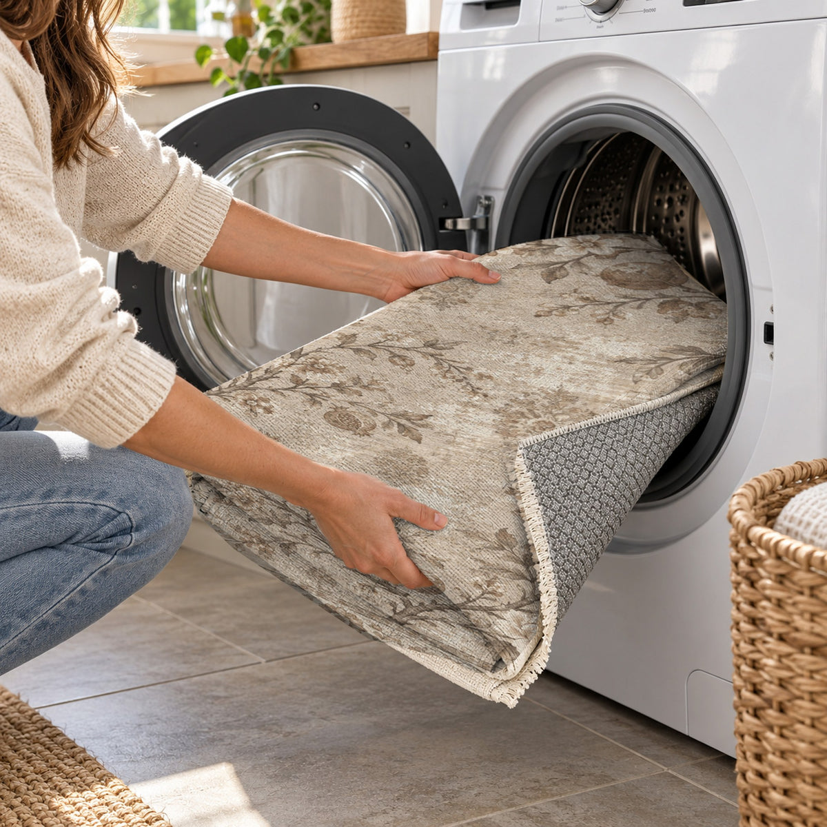 Patina Garden Ivory Taupe Vintage Washable Rug — washing machine