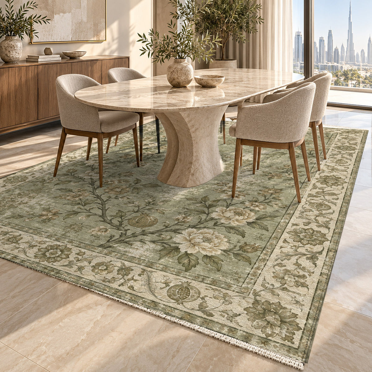 Patina Garden Olive Green Vintage Washable Rug — dubai dining