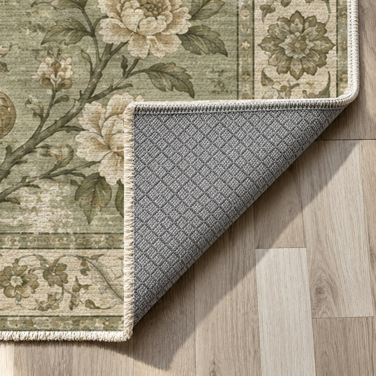 Patina Garden Olive Green Vintage Washable Rug — backing close up