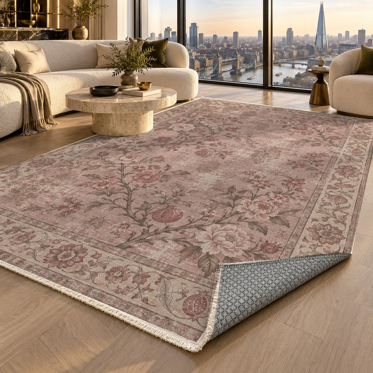 Patina Garden Rose Pink Vintage Washable Rug — london luxury living