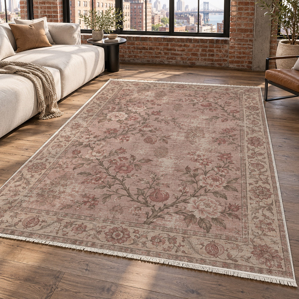 Patina Garden Rose Pink Vintage Washable Rug — new york living