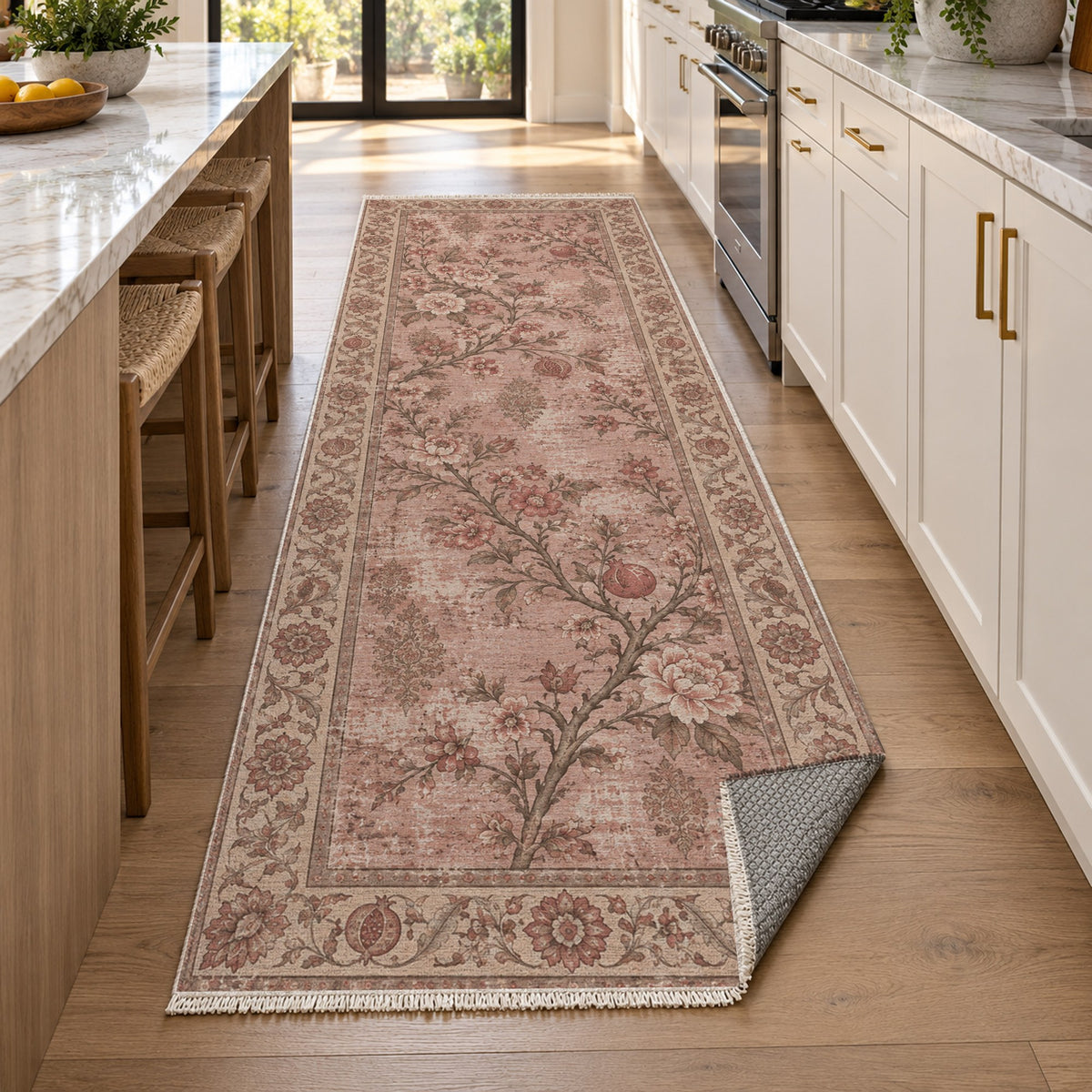 Patina Garden Rose Pink Vintage Washable Rug — new york kitchen runner