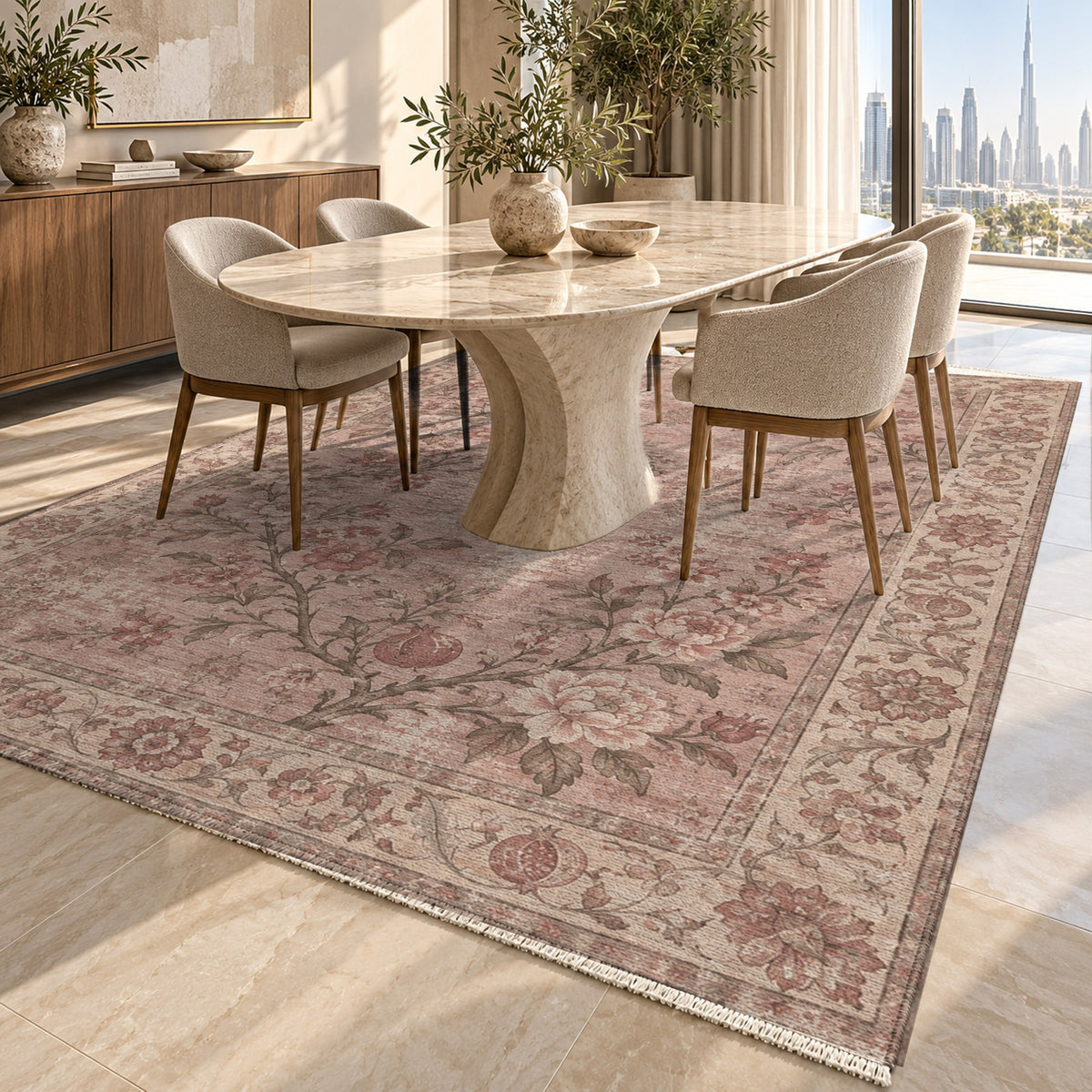 Patina Garden Rose Pink Vintage Washable Rug — dubai dining