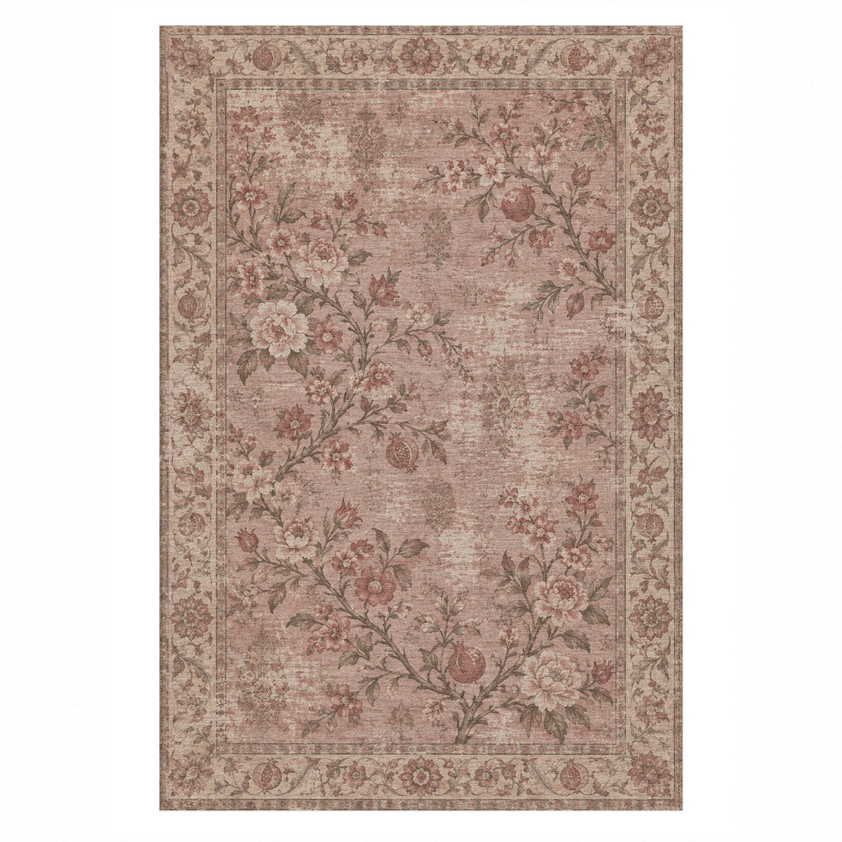 Patina Garden Rose Pink Vintage Washable Rug — top view