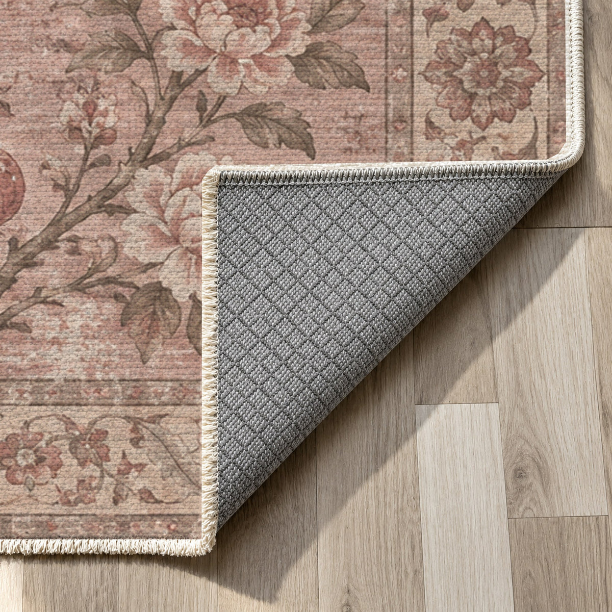 Patina Garden Rose Pink Vintage Washable Rug — backing close up