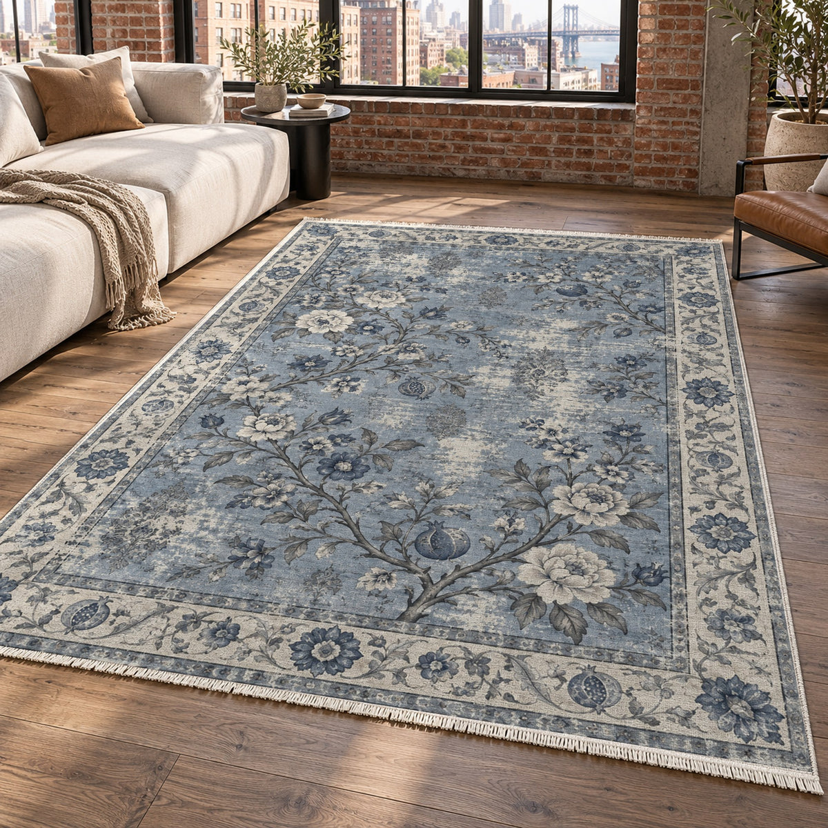 Patina Garden Slate Blue Vintage Washable Rug — new york living