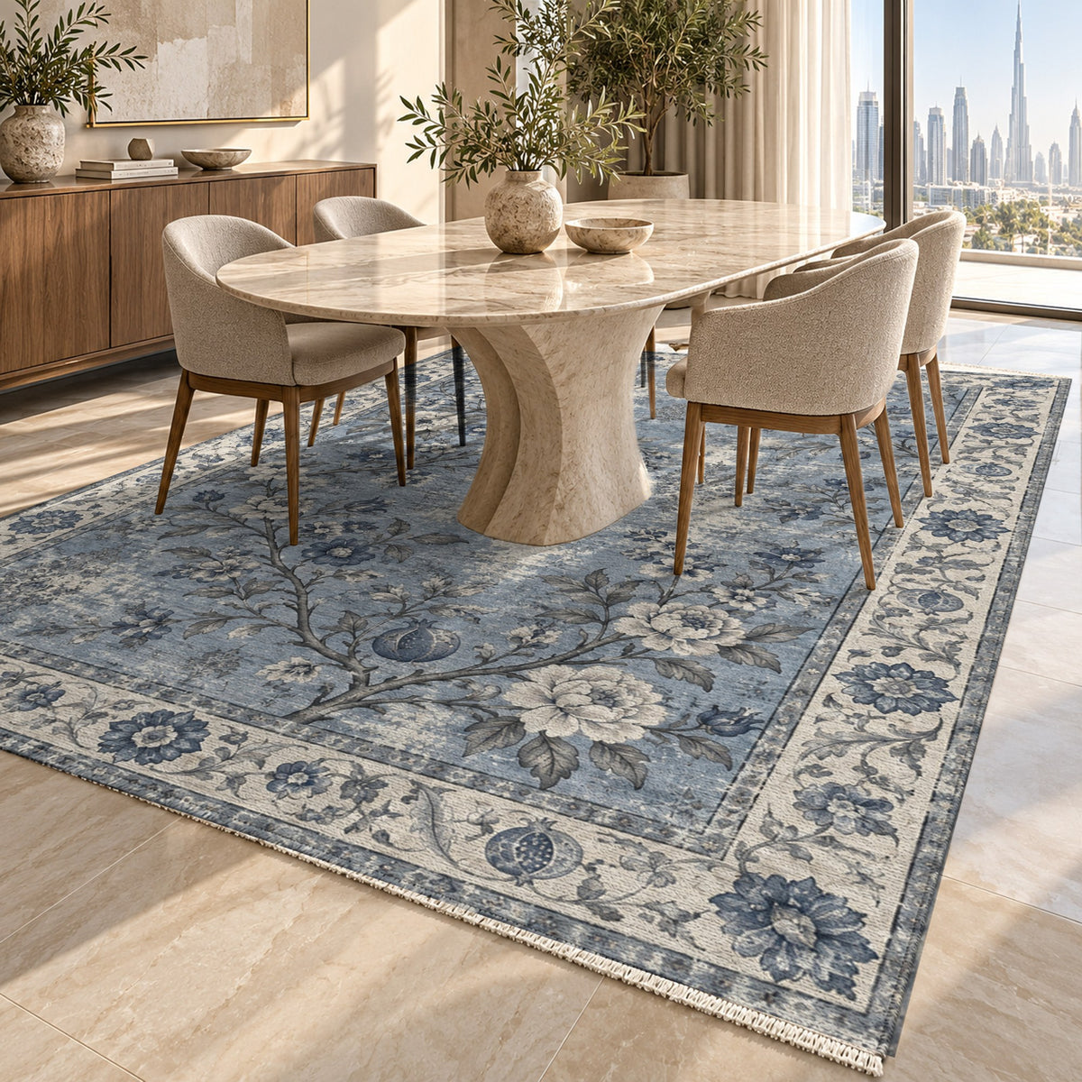 Patina Garden Slate Blue Vintage Washable Rug — dubai dining