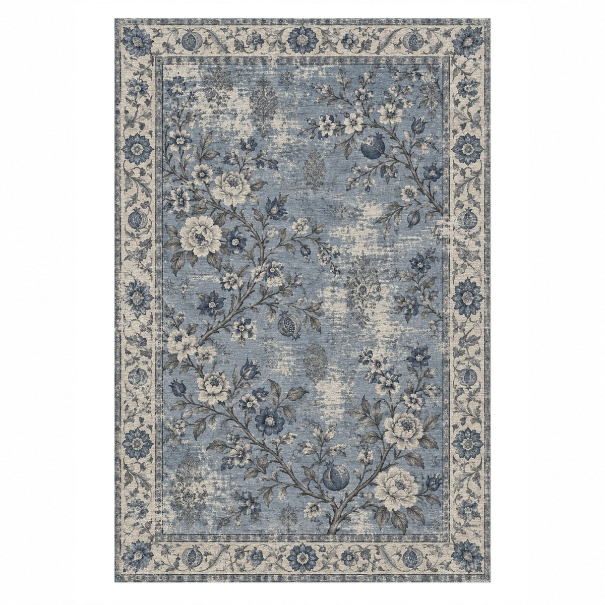 Patina Garden Slate Blue Vintage Washable Rug — top view