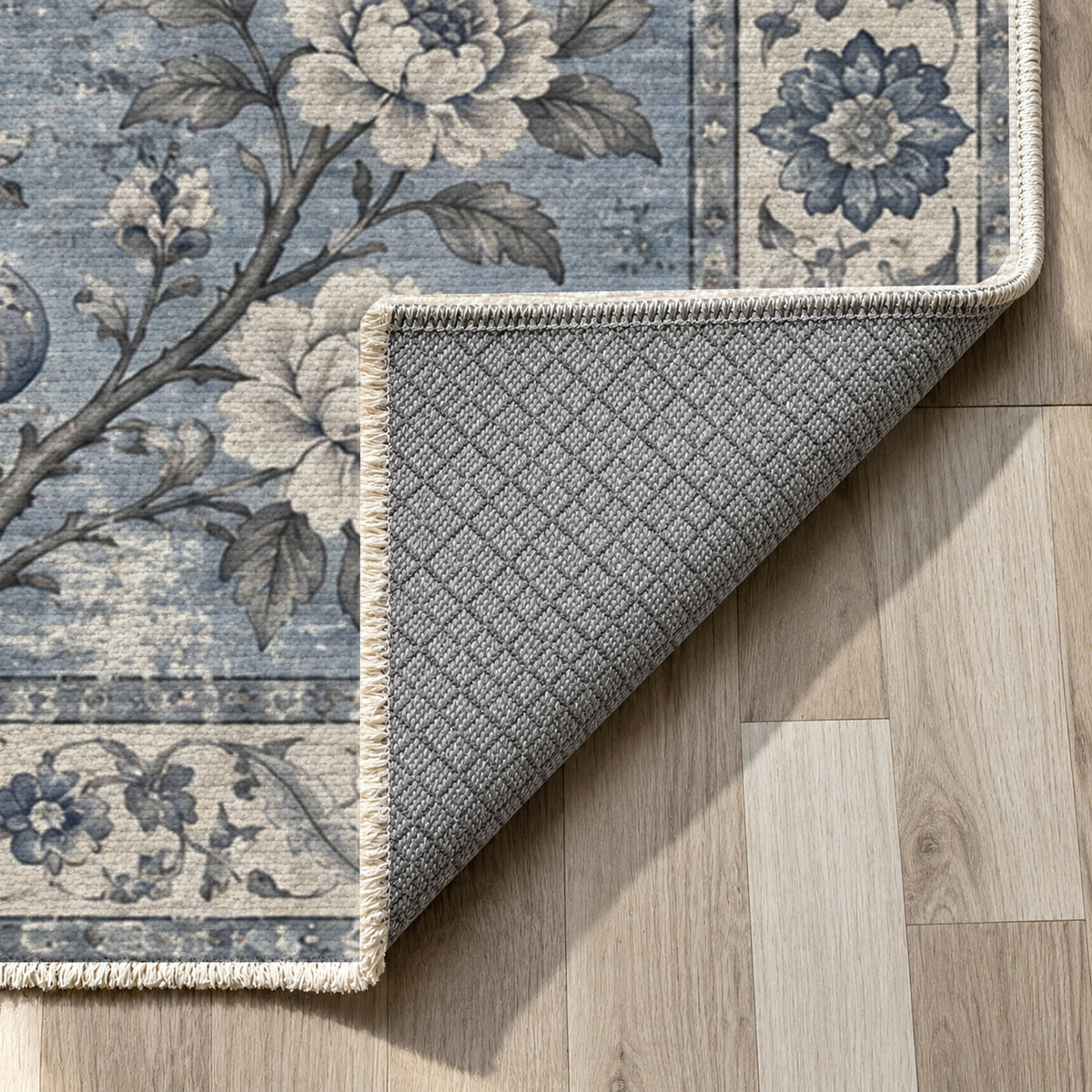 Patina Garden Slate Blue Vintage Washable Rug — backing close up