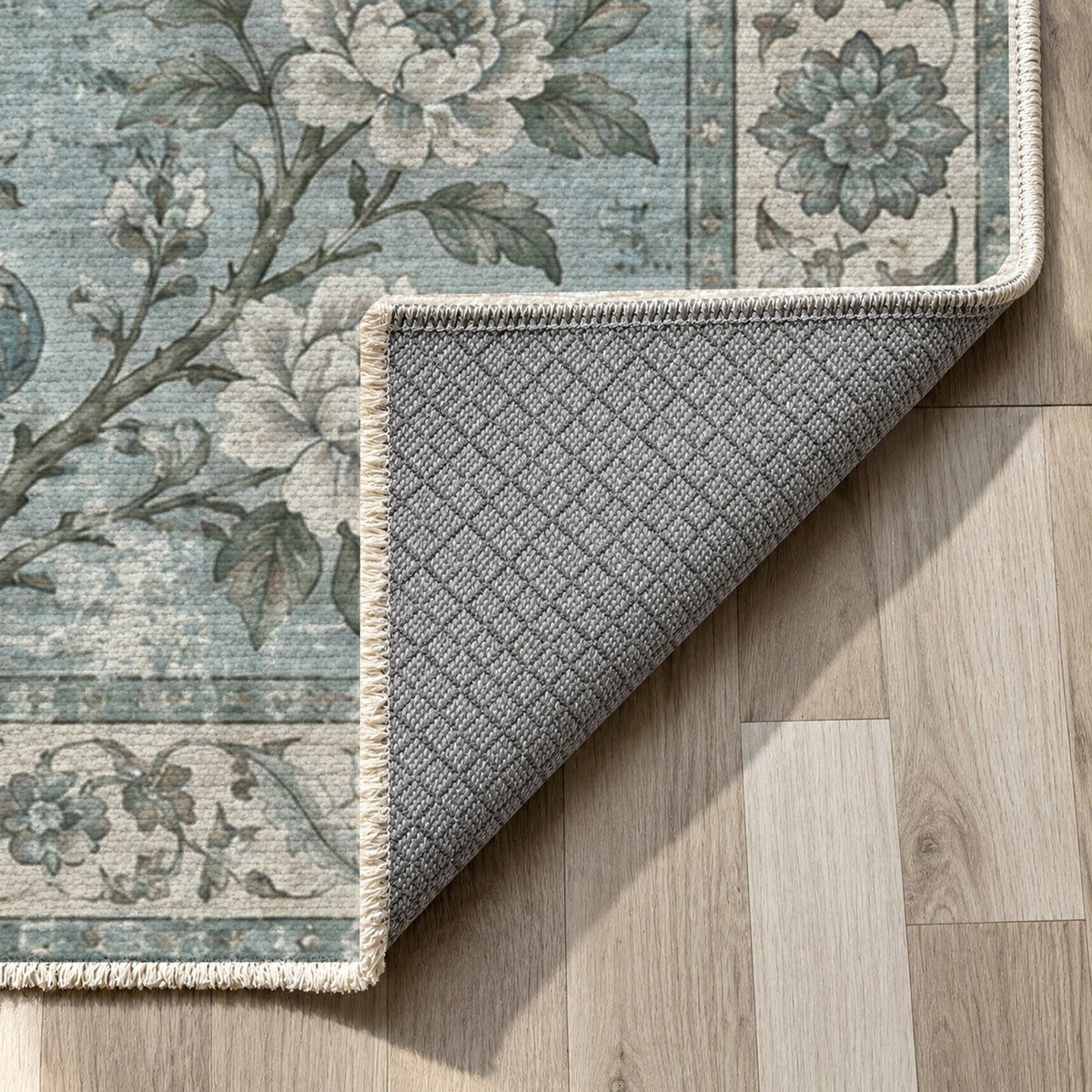 Patina Garden Turquoise Blue Vintage Washable Rug — backing close up