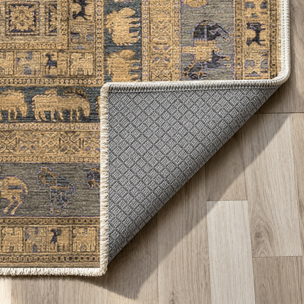 Pazyryk Beige Ethnic Washable Rug — backing close up