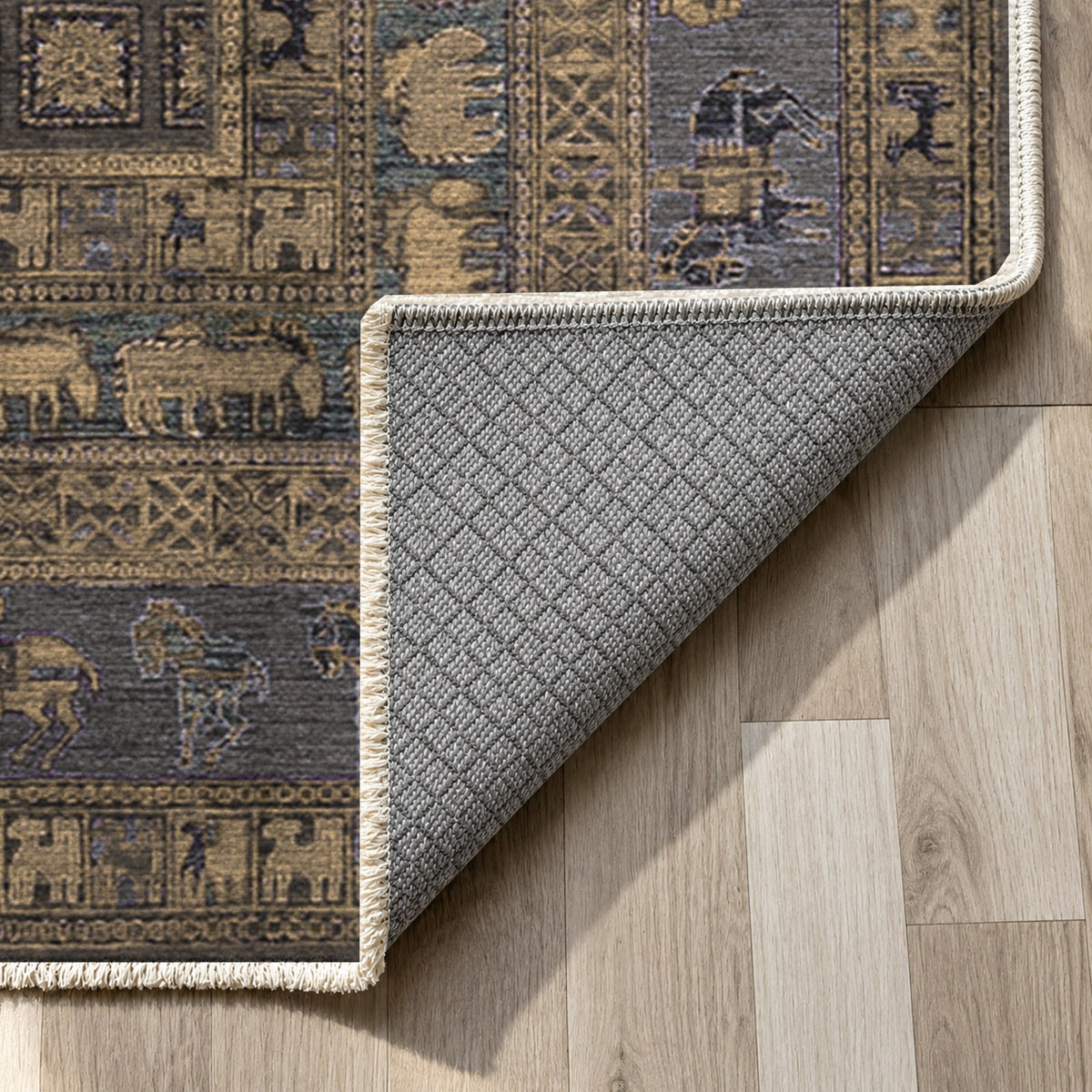 Pazyryk Black Ethnic Washable Rug — backing close up