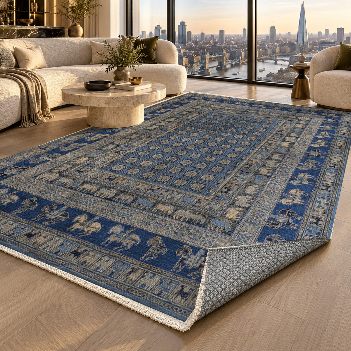 Pazyryk Blue Ethnic Washable Rug — london luxury living