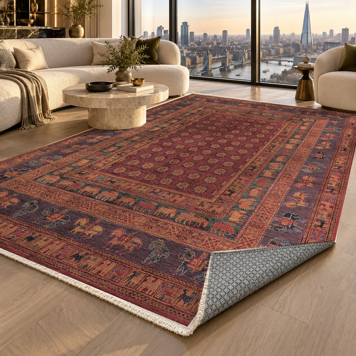 Pazyryk Burgundy Red Ethnic Washable Rug — london luxury living