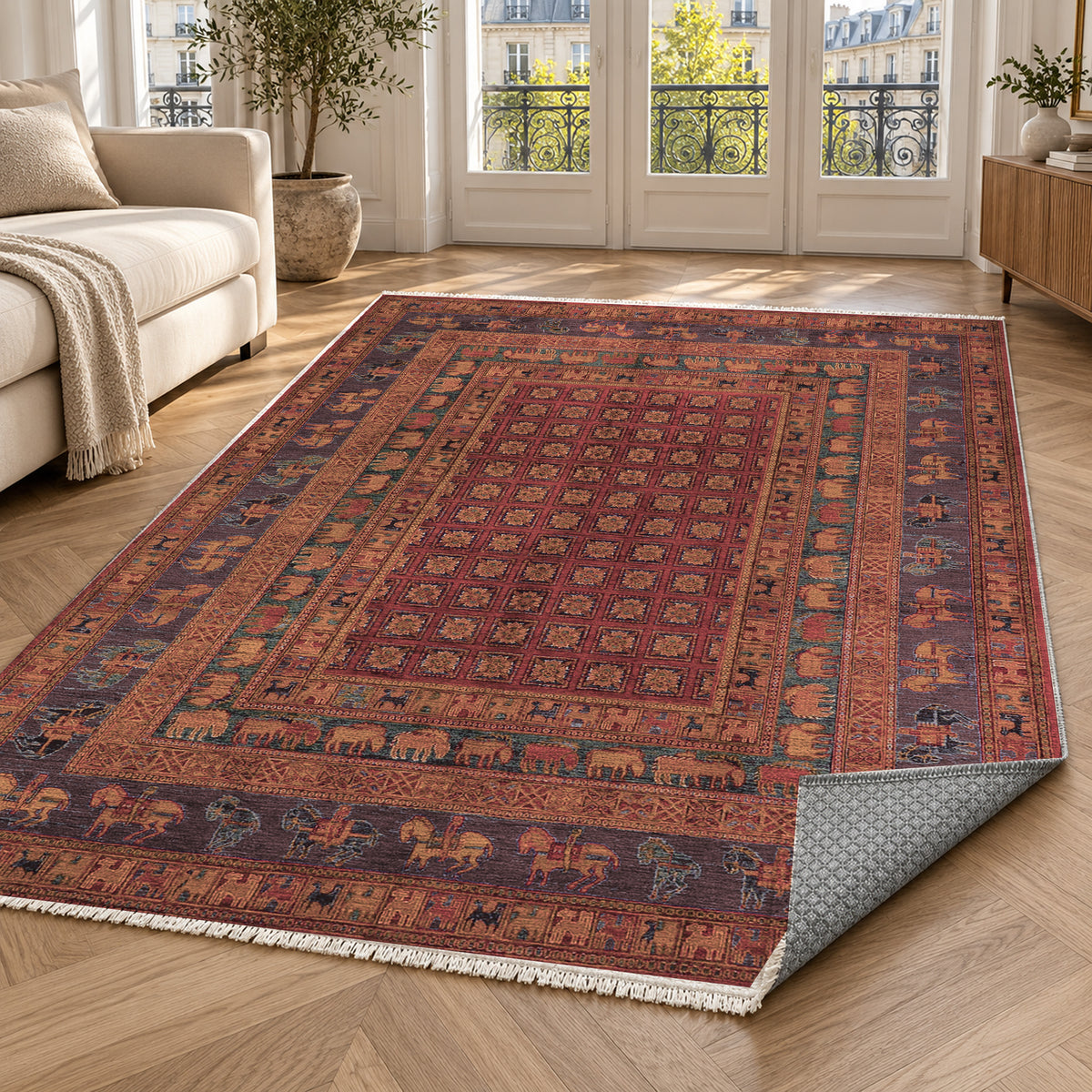 Pazyryk Burgundy Red Ethnic Washable Rug — paris living