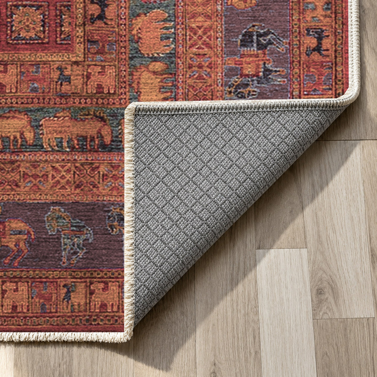 Pazyryk Burgundy Red Ethnic Washable Rug — backing close up