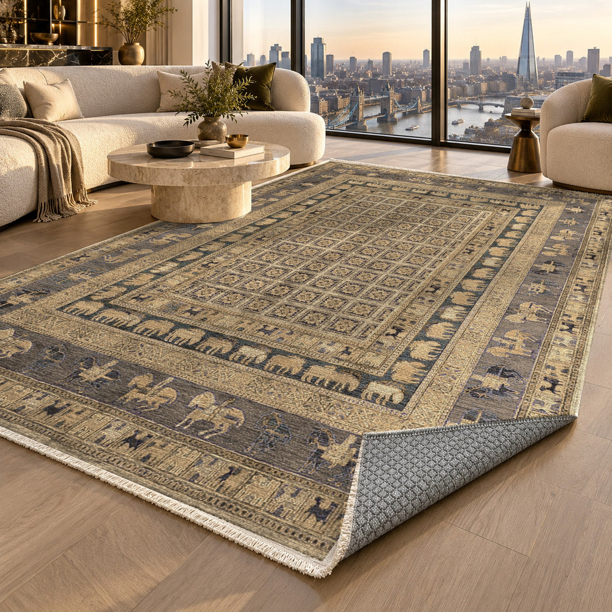 Pazyryk Cream Ethnic Washable Rug — london luxury living