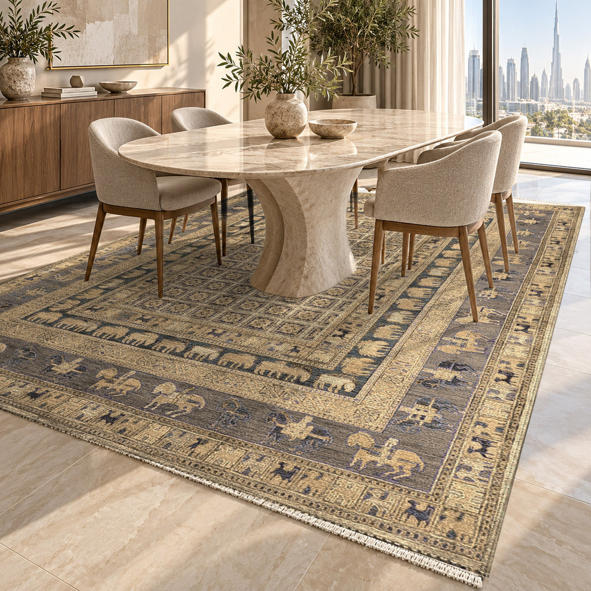 Pazyryk Cream Ethnic Washable Rug — dubai dining