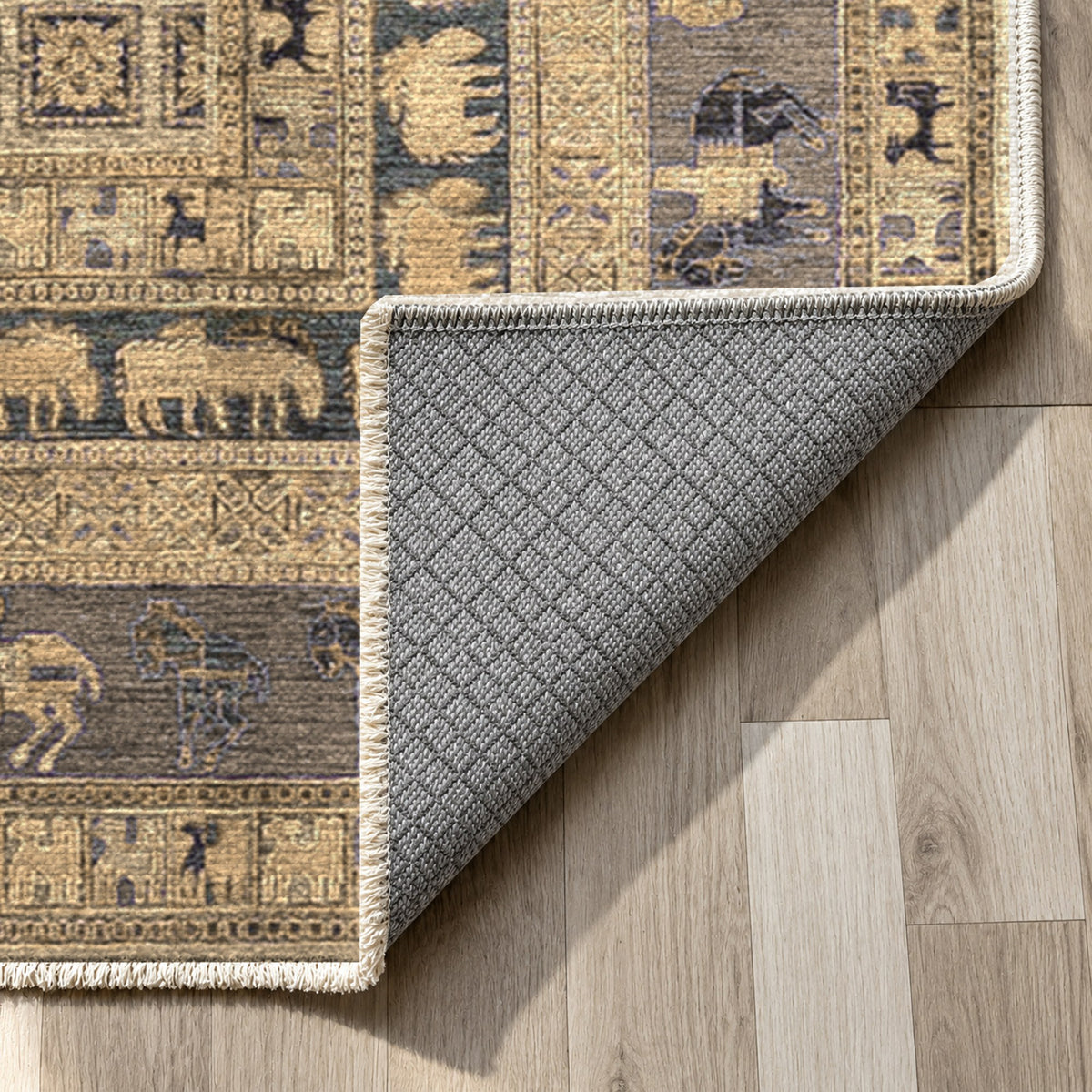 Pazyryk Cream Ethnic Washable Rug — backing close up