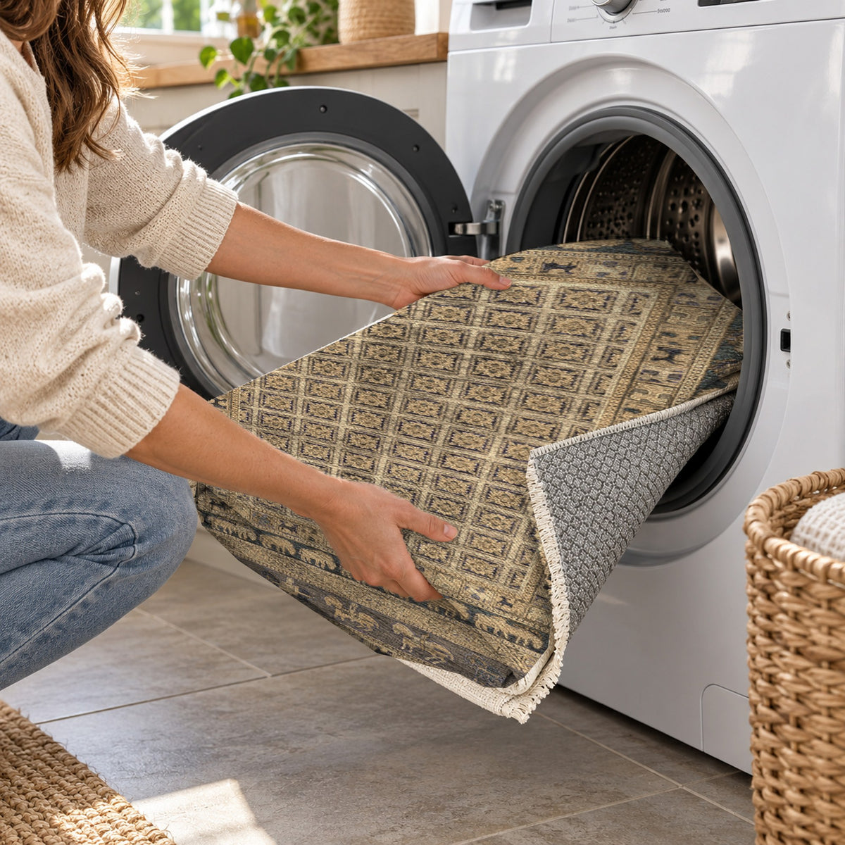 Pazyryk Cream Ethnic Washable Rug — washing machine
