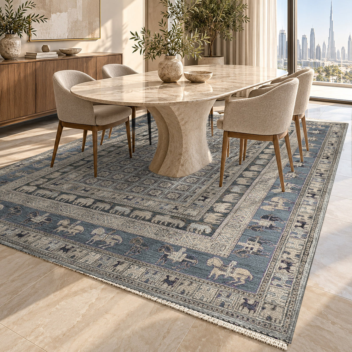 Pazyryk Silver Grey Ethnic Washable Rug — dubai dining