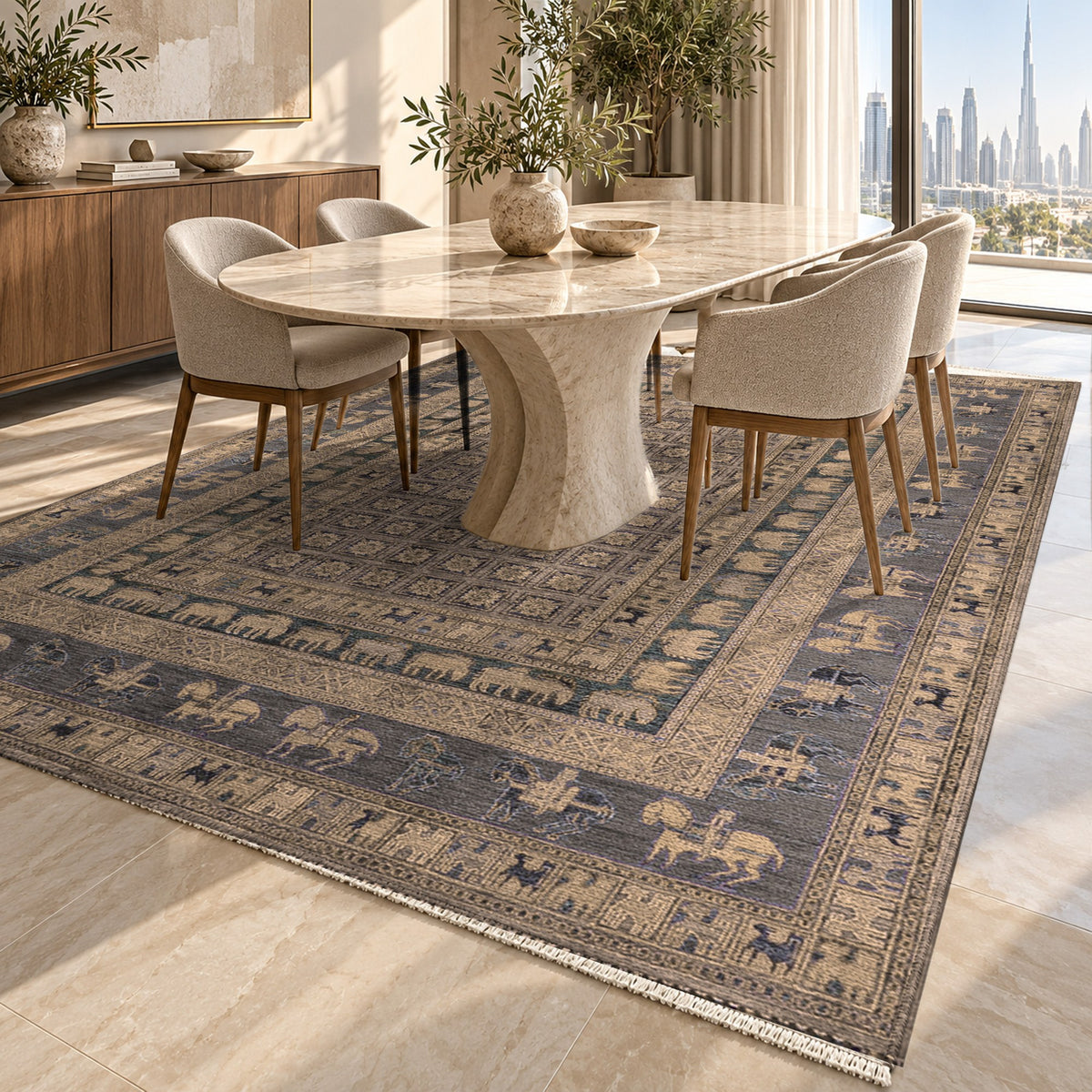Pazyryk Taupe Ethnic Washable Rug — dubai dining