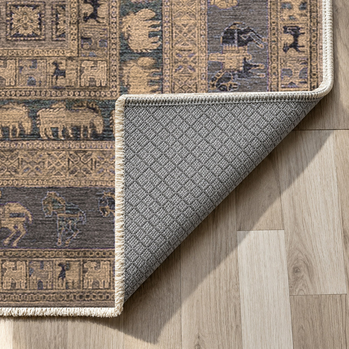 Pazyryk Taupe Ethnic Washable Rug — backing close up
