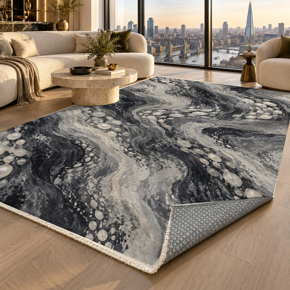 Pearl Shoals Charcoal Abstract Washable Rug — london luxury living