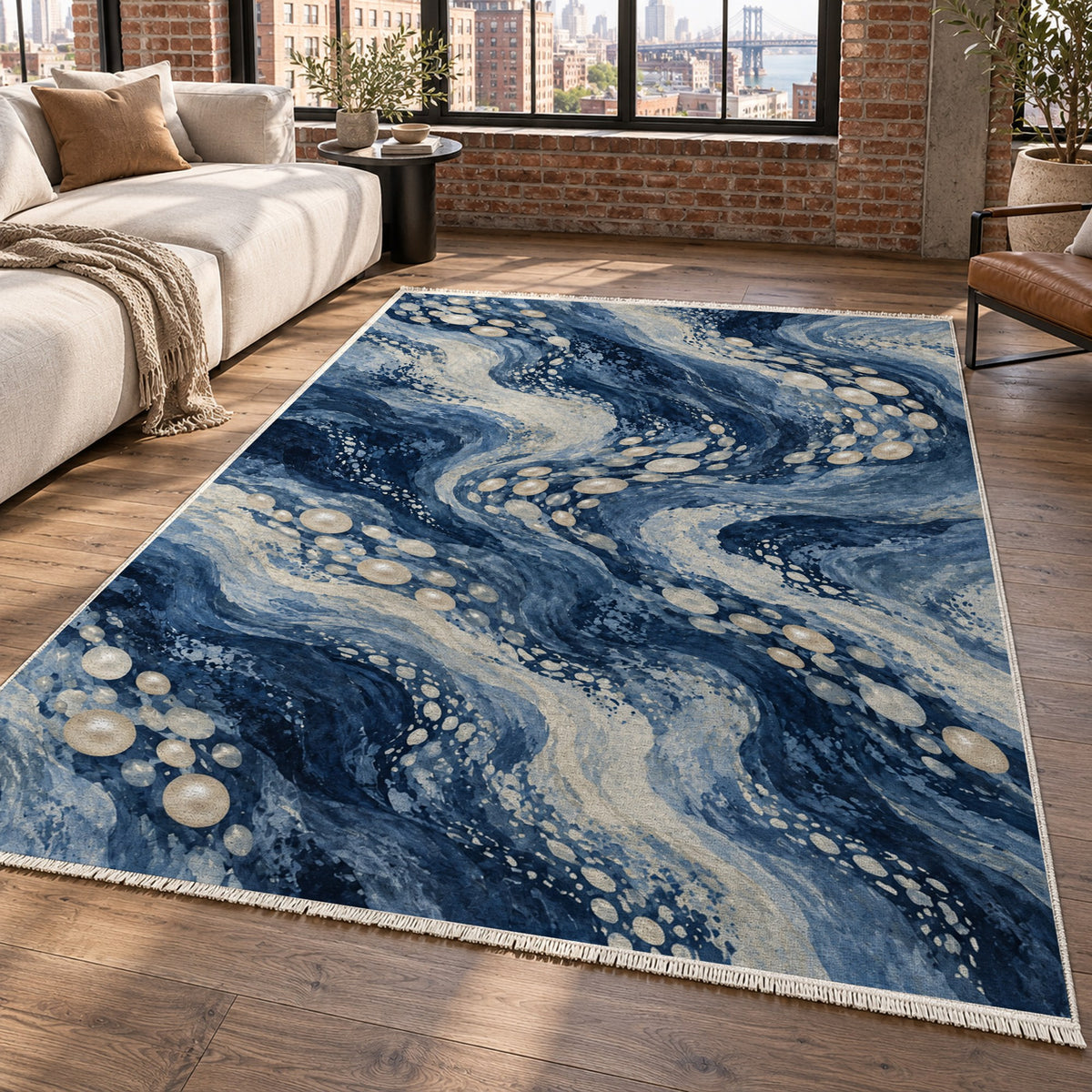 Pearl Shoals Indigo Abstract Washable Rug — new york living