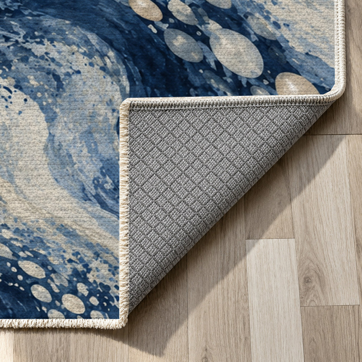 Pearl Shoals Indigo Abstract Washable Rug — backing close up