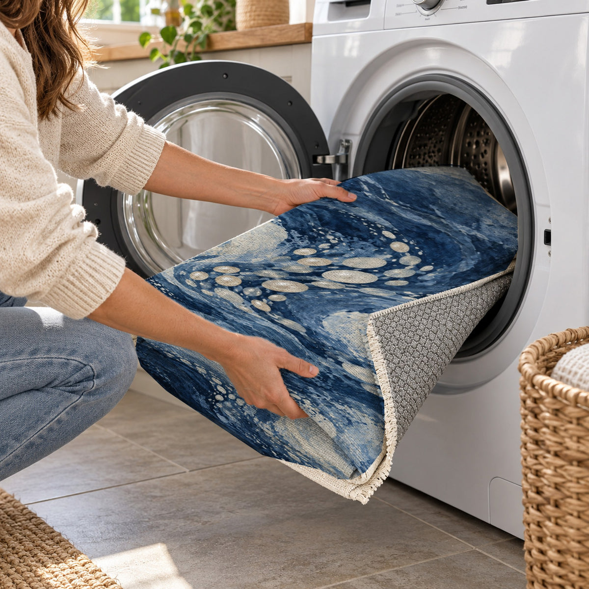 Pearl Shoals Indigo Abstract Washable Rug — washing machine