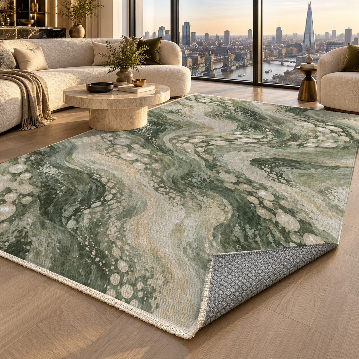 Pearl Shoals Sage Abstract Washable Rug — london luxury living