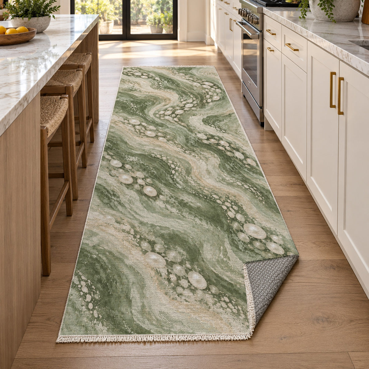 Pearl Shoals Sage Abstract Washable Rug — new york kitchen runner