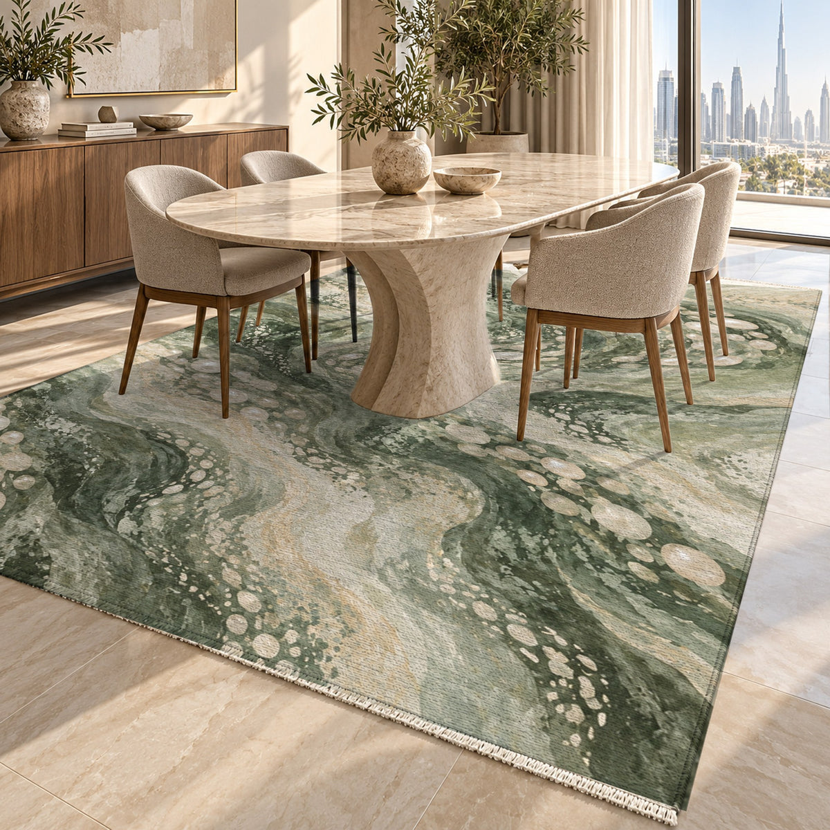 Pearl Shoals Sage Abstract Washable Rug — dubai dining