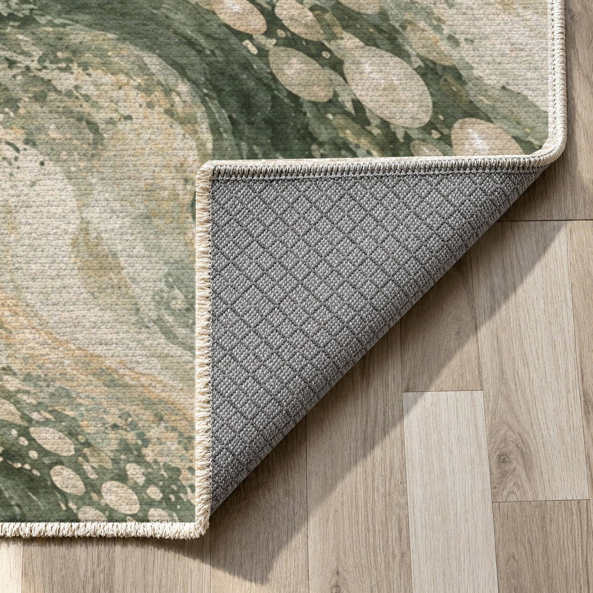 Pearl Shoals Sage Abstract Washable Rug — backing close up