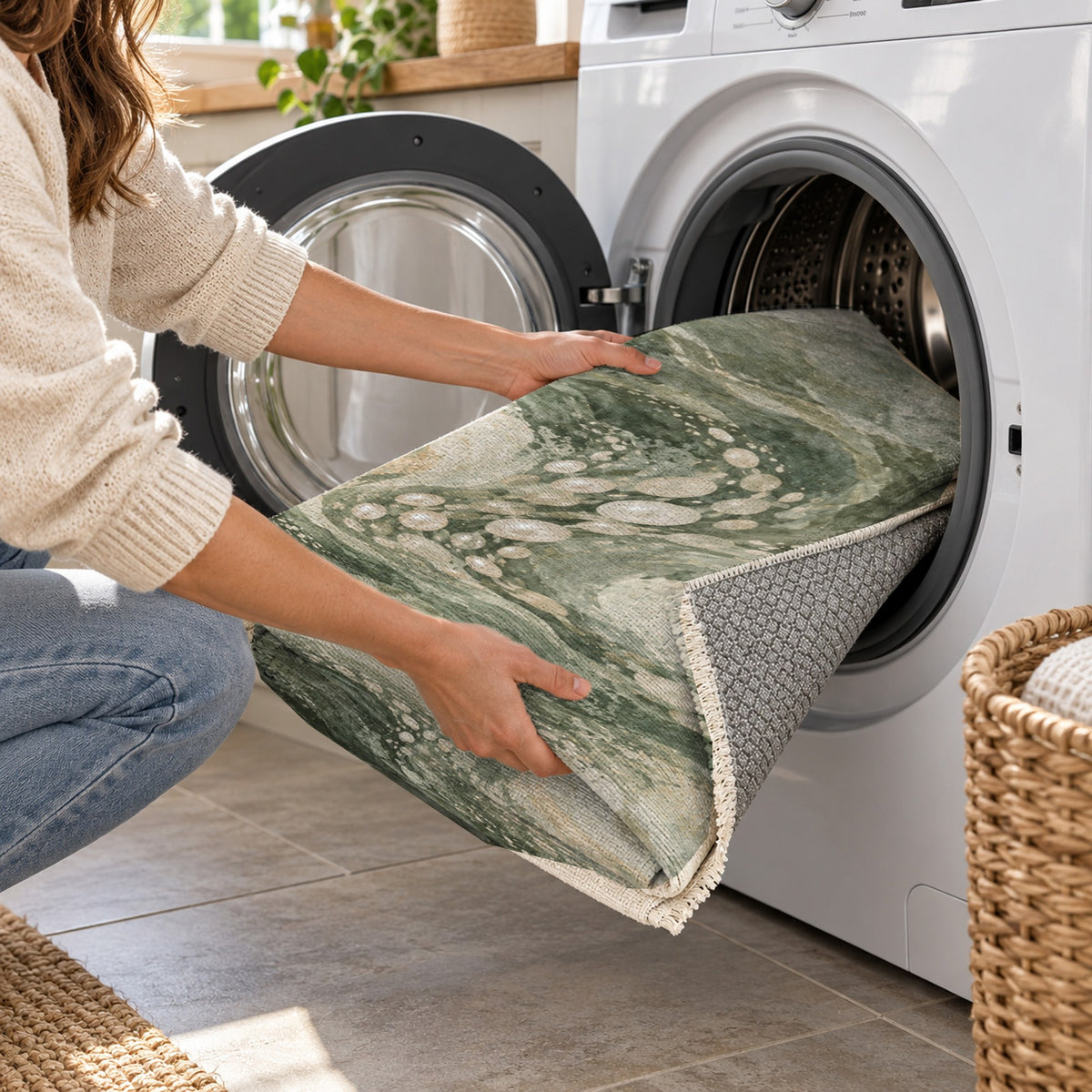 Pearl Shoals Sage Abstract Washable Rug — washing machine