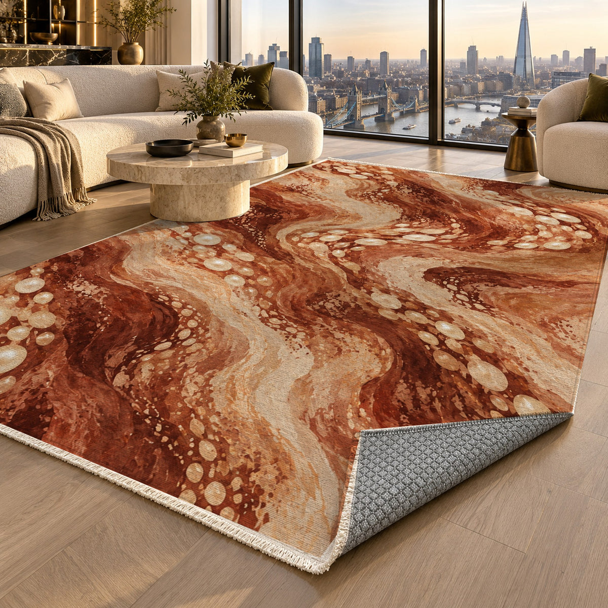 Pearl Shoals Terracotta Abstract Washable Rug — london luxury living