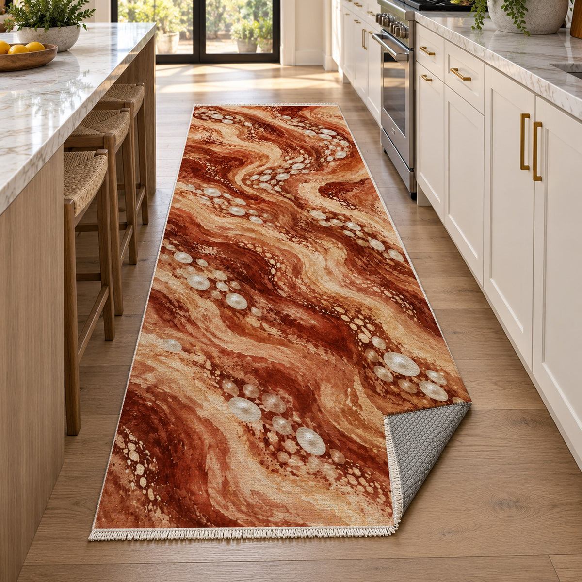 Pearl Shoals Terracotta Abstract Washable Rug — new york kitchen runner