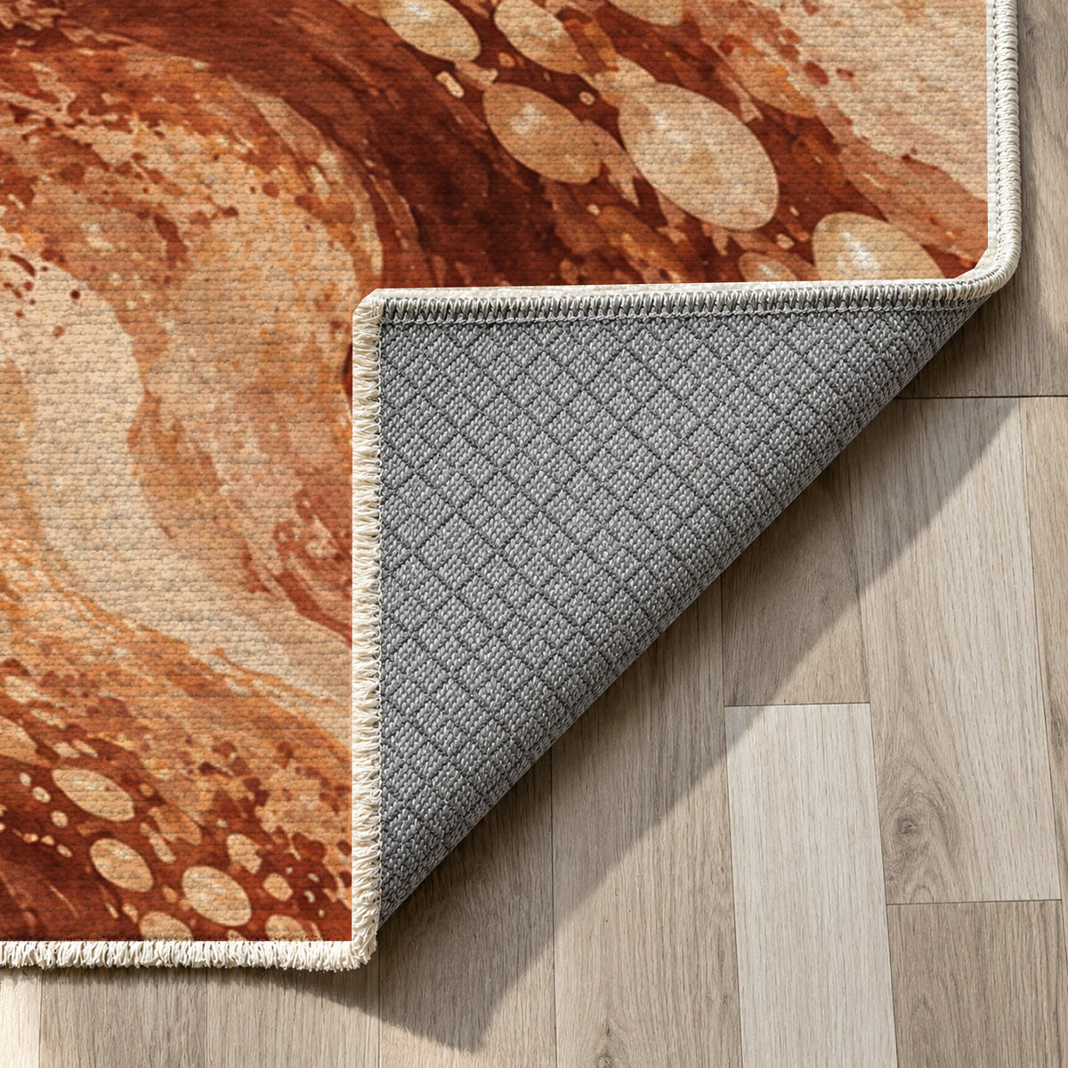 Pearl Shoals Terracotta Abstract Washable Rug — backing close up