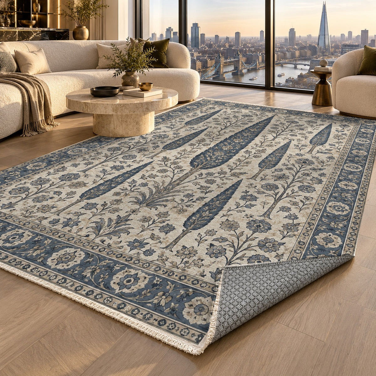 Persian Cypress Blue Ivory Classic Washable Rug — london luxury living