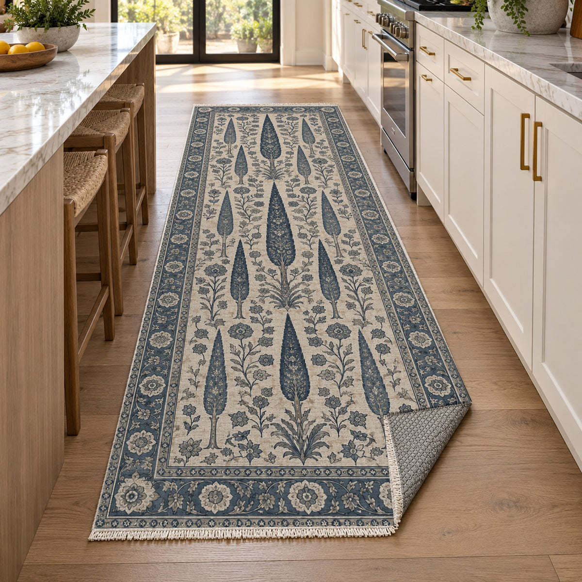 Persian Cypress Blue Ivory Classic Washable Rug — new york kitchen runner