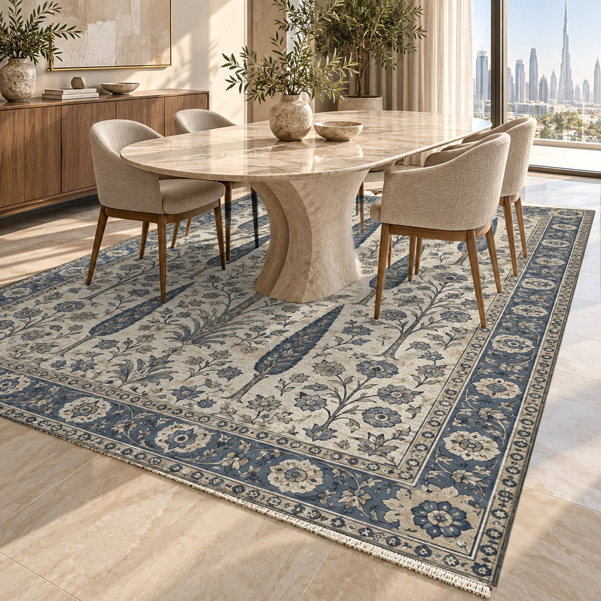 Persian Cypress Blue Ivory Classic Washable Rug — dubai dining