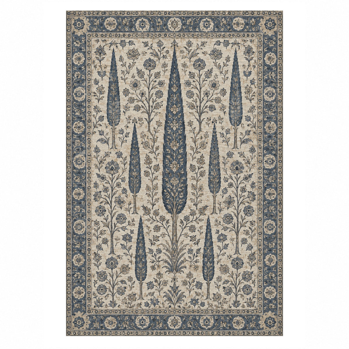 Persian Cypress Blue Ivory Classic Washable Rug — top view