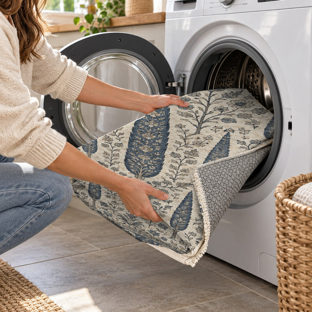 Persian Cypress Blue Ivory Classic Washable Rug — washing machine