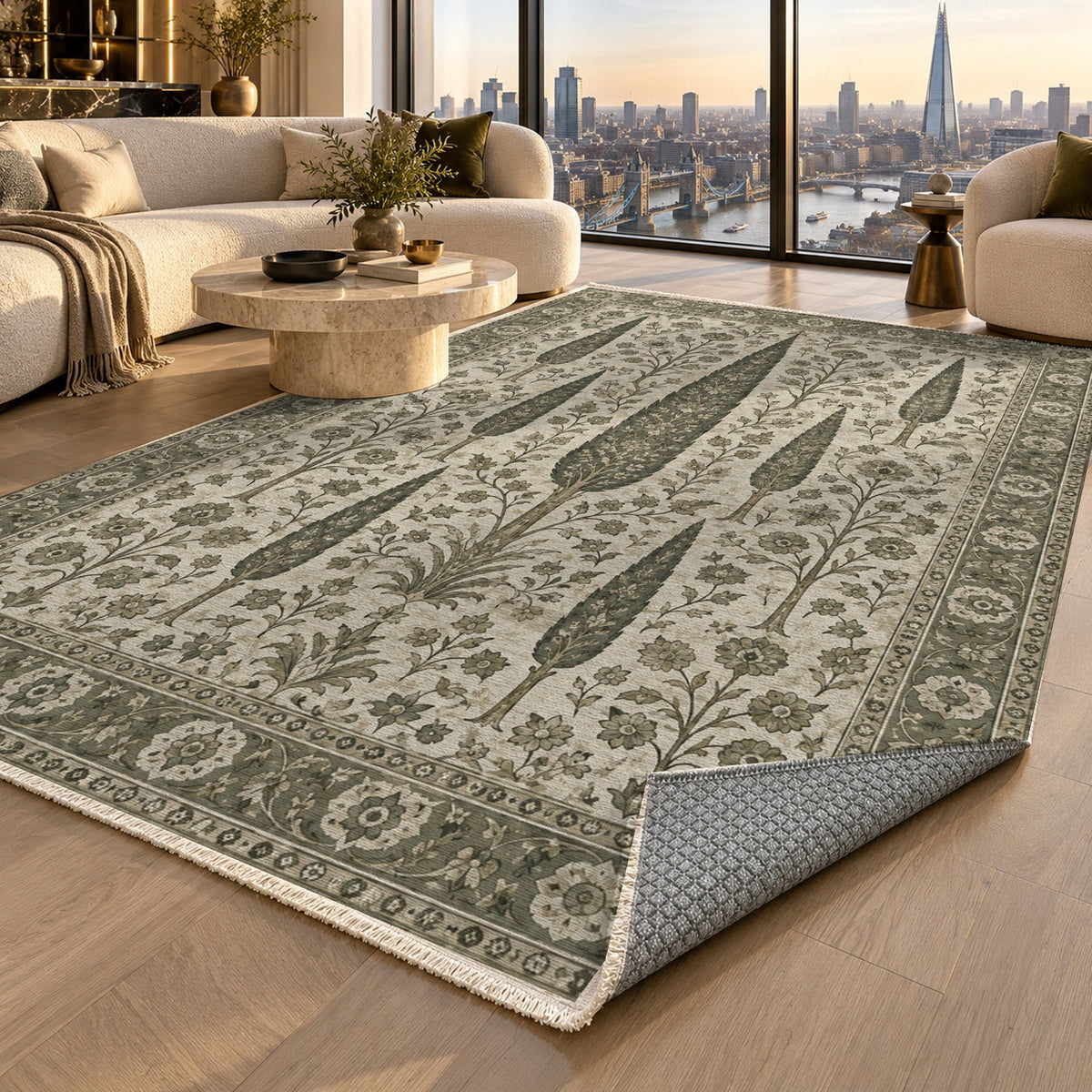 Persian Cypress Sage Stone Classic Washable Rug — london luxury living