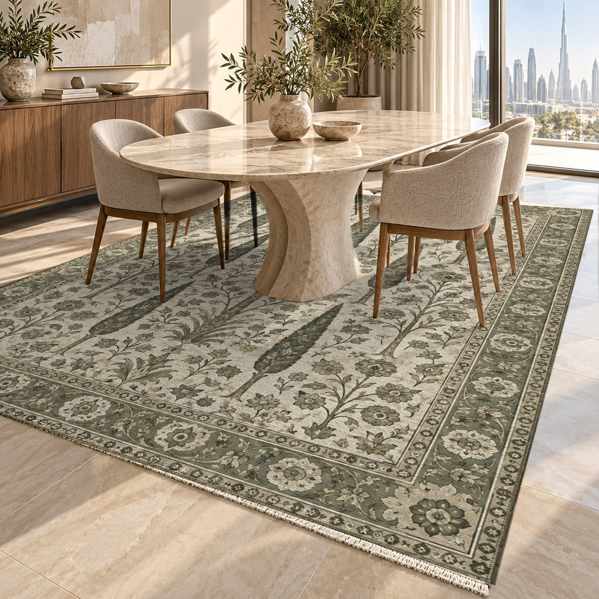 Persian Cypress Sage Stone Classic Washable Rug — dubai dining